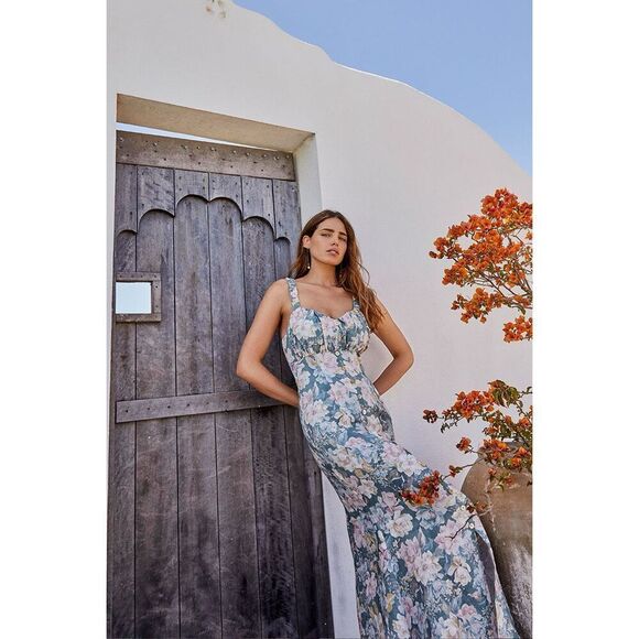 We Are Kindred Isobel Linen Gathered Sweetheart Midi Dress SZ 4 Floral Feminine - Picture 11 of 11